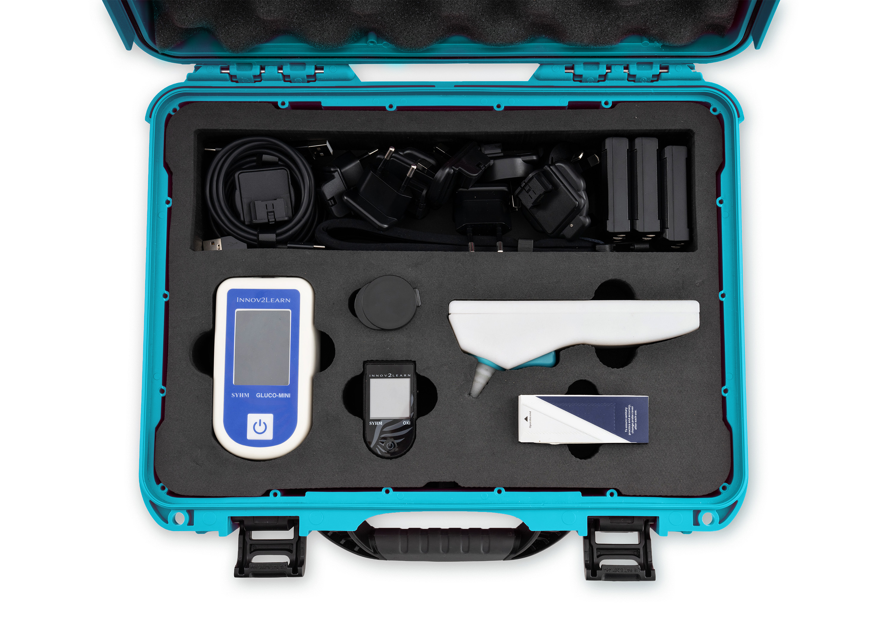 Mallette Euro Kit turquoise ouverte : Gluco-mini, Oxi, Ear-T, couvre-sondes, bandelettes et chargeurs, chacun logé dans l'insert de mousse découpé au laser